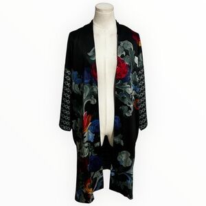 CHICO’S Floral Kimono Cardigan Satin Flowy Boho Vacation Resort S M L Top Shirr